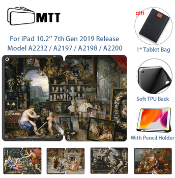 MTT Oil Painting Case For iPad 10.2 inch 7th Gen 2019 TPU Soft Back PU Leather Flip Smart Cover With Pencil Holder Tablet Case